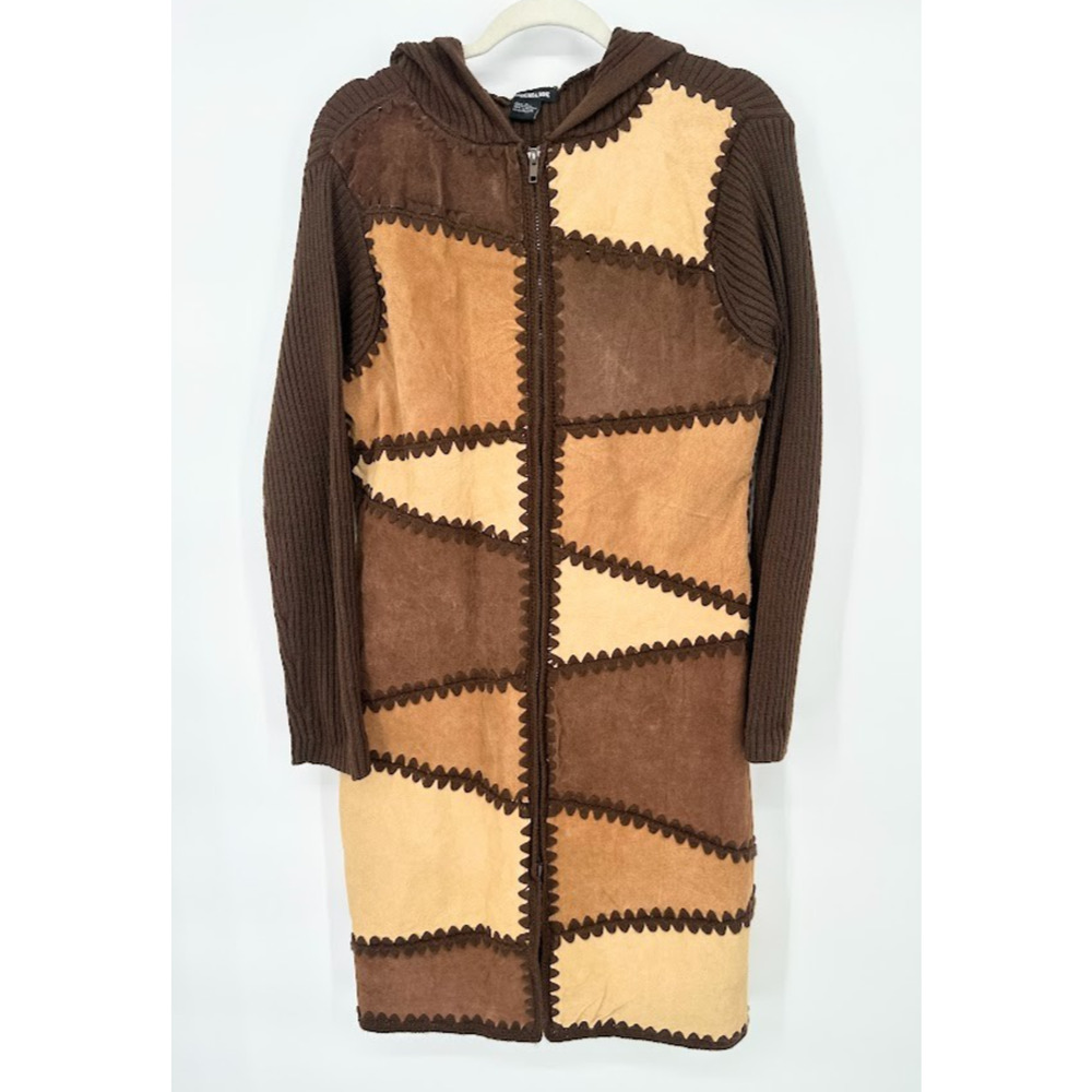 Vintage Y2K Misdemeanor Patchwork Suede‎ Hooded Duster Cardigan Sweater Jacket L